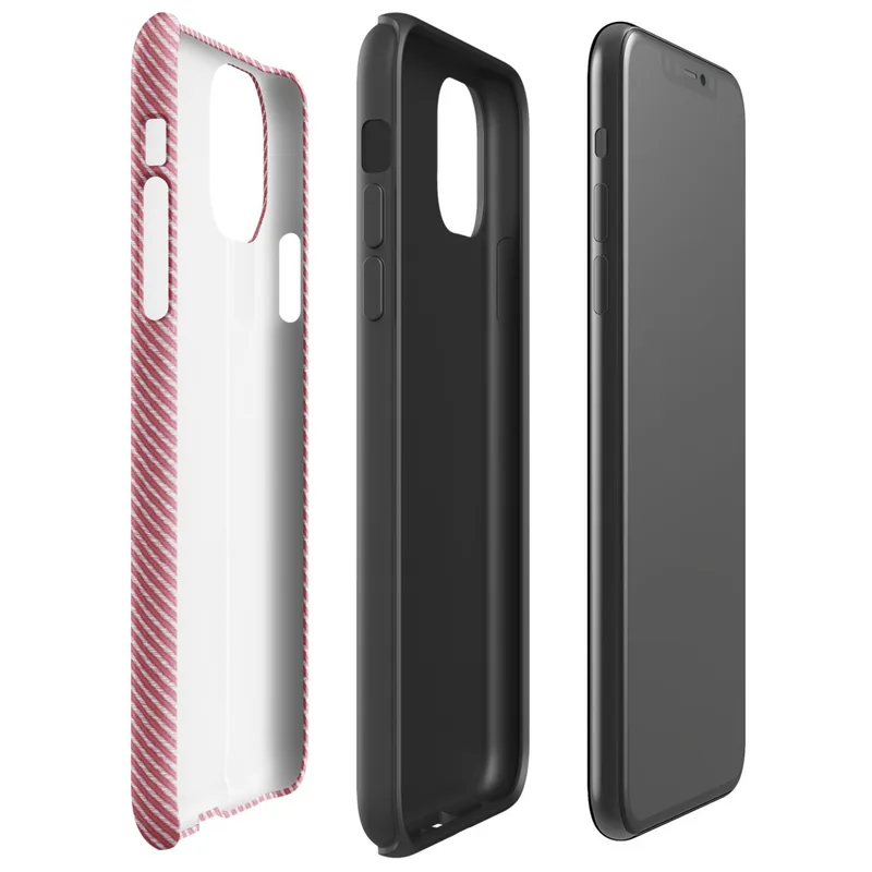 diagonal white pinstripes on a warm muted red background mimicking a woven twill fabric texture on Glossy Classic Red Diagonal Twill Tough Case for iPhone - default view