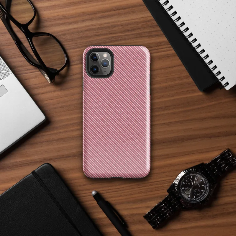 diagonal white pinstripes on a warm muted red background mimicking a woven twill fabric texture on Glossy Classic Red Diagonal Twill Tough Case for iPhone - default view