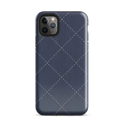 deep navy blue diagonal diamond grid with white dashed stitching lines and small cross-stitch marks at each intersection, resembling quilted fabric on Glossy Navy Quilted Diamond Stitch Tough Case for iPhone - default view