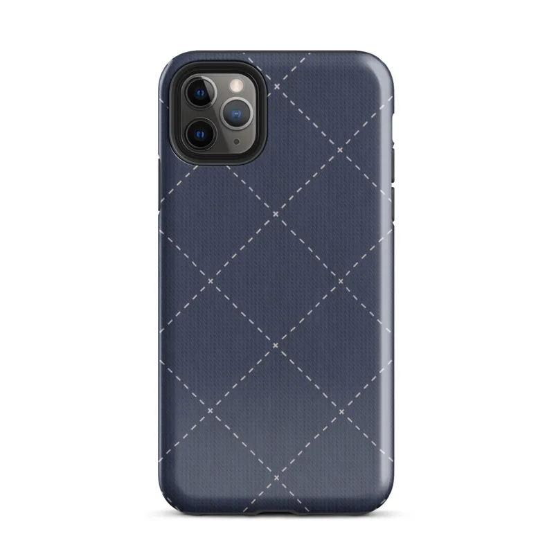 deep navy blue diagonal diamond grid with white dashed stitching lines and small cross-stitch marks at each intersection, resembling quilted fabric on Glossy Navy Quilted Diamond Stitch Tough Case for iPhone - default view