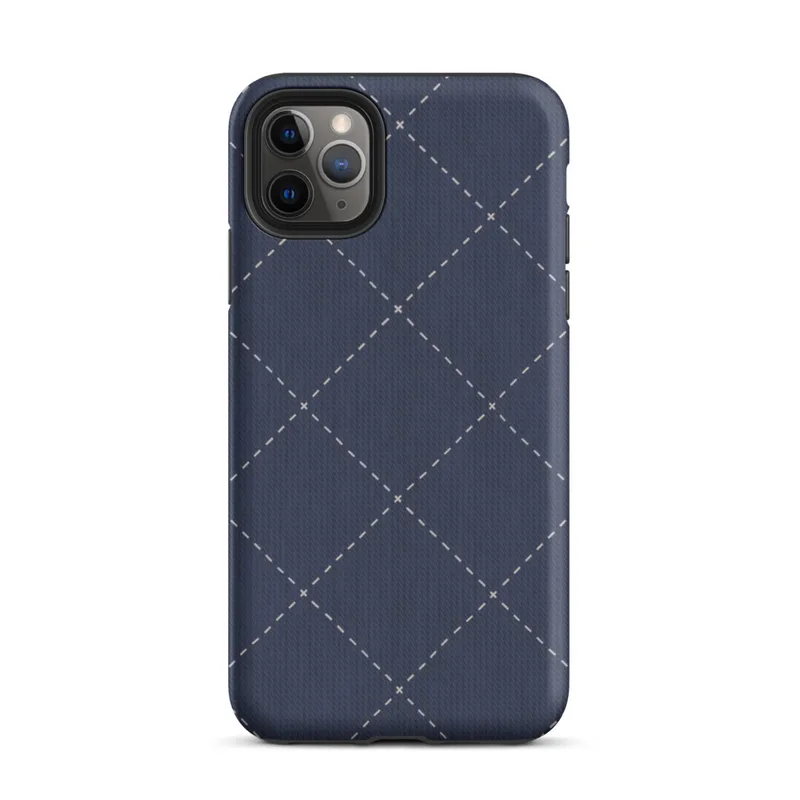 deep navy blue diagonal diamond grid with white dashed stitching lines and small cross-stitch marks at each intersection, resembling quilted fabric on Matte Navy Quilted Diamond Stitch Tough Case for iPhone - default view