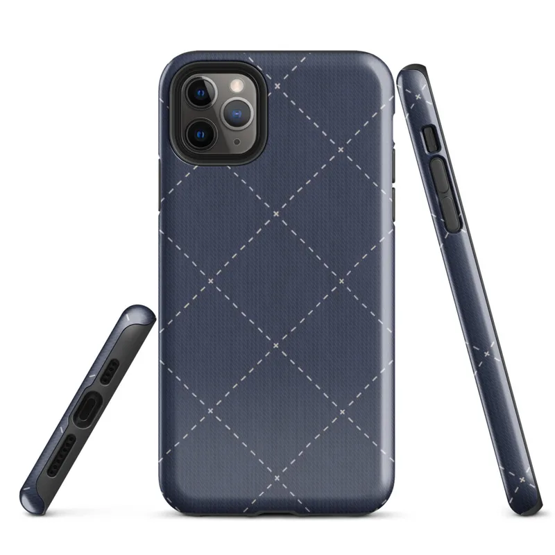 deep navy blue diagonal diamond grid with white dashed stitching lines and small cross-stitch marks at each intersection, resembling quilted fabric on Glossy Navy Quilted Diamond Stitch Tough Case for iPhone - default view