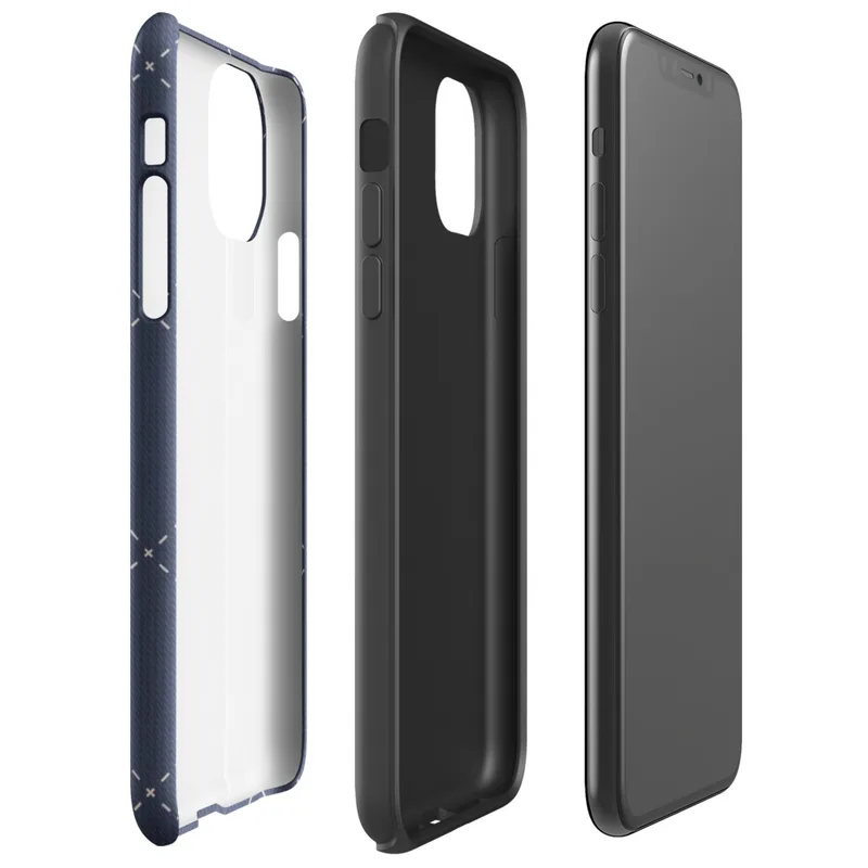 deep navy blue diagonal diamond grid with white dashed stitching lines and small cross-stitch marks at each intersection, resembling quilted fabric on Glossy Navy Quilted Diamond Stitch Tough Case for iPhone - default view