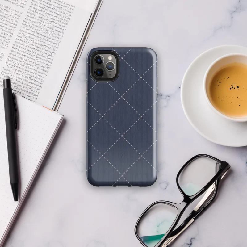 deep navy blue diagonal diamond grid with white dashed stitching lines and small cross-stitch marks at each intersection, resembling quilted fabric on Glossy Navy Quilted Diamond Stitch Tough Case for iPhone - default view