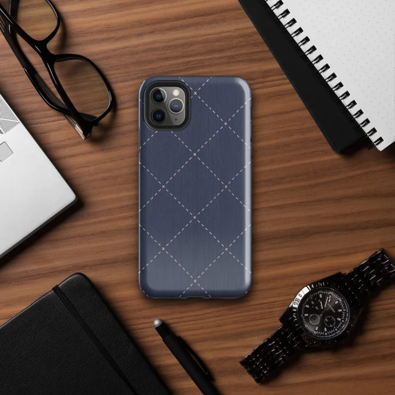 deep navy blue diagonal diamond grid with white dashed stitching lines and small cross-stitch marks at each intersection, resembling quilted fabric on Glossy Navy Quilted Diamond Stitch Tough Case for iPhone - default view