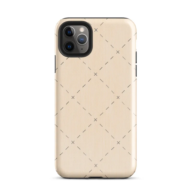 repeating diamond trellis of dashed lines and small cross stitches in soft grey on a warm blush cream background on Glossy Stitched Diamond Trellis Tough Case for iPhone - default view