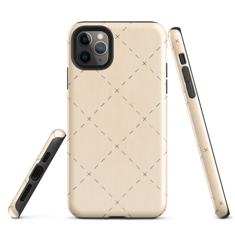 repeating diamond trellis of dashed lines and small cross stitches in soft grey on a warm blush cream background on Glossy Stitched Diamond Trellis Tough Case for iPhone - default view
