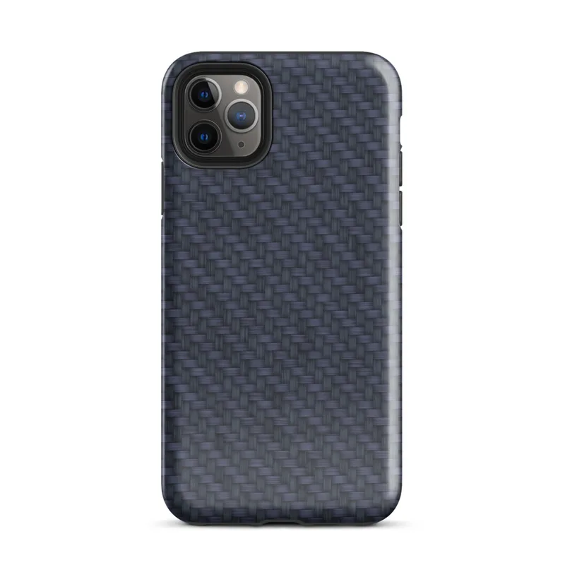 diagonal twill carbon fiber weave in deep navy blue and dark slate with alternating light-catching bands on Glossy Midnight Carbon Fiber Shield Tough Case for iPhone - default view