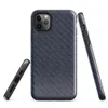 diagonal twill carbon fiber weave in deep navy blue and dark slate with alternating light-catching bands on Glossy Midnight Carbon Fiber Shield Tough Case for iPhone - default view