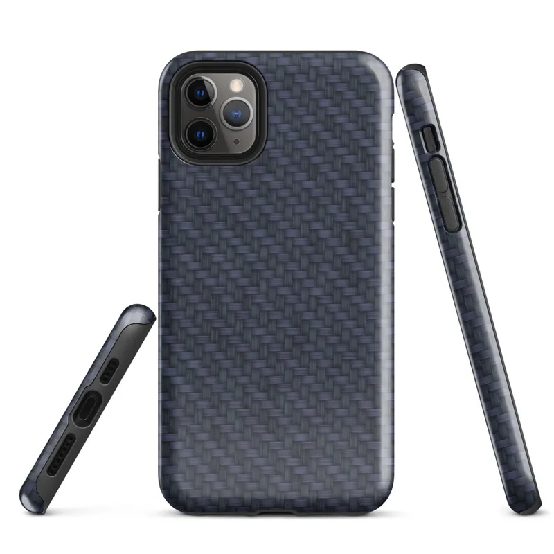 diagonal twill carbon fiber weave in deep navy blue and dark slate with alternating light-catching bands on Glossy Midnight Carbon Fiber Shield Tough Case for iPhone - default view