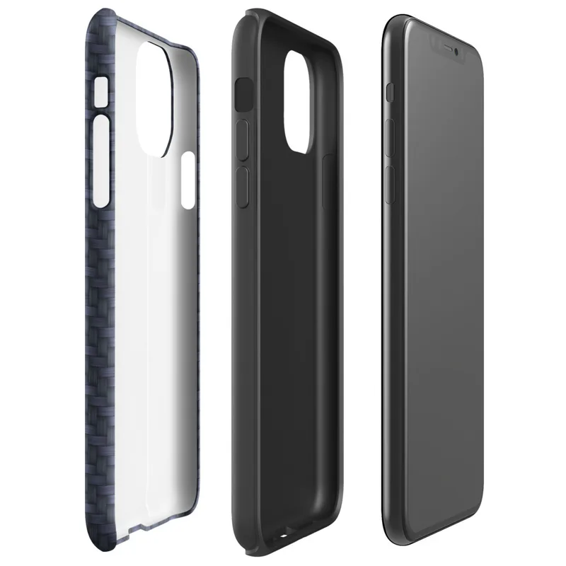 diagonal twill carbon fiber weave in deep navy blue and dark slate with alternating light-catching bands on Glossy Midnight Carbon Fiber Shield Tough Case for iPhone - default view