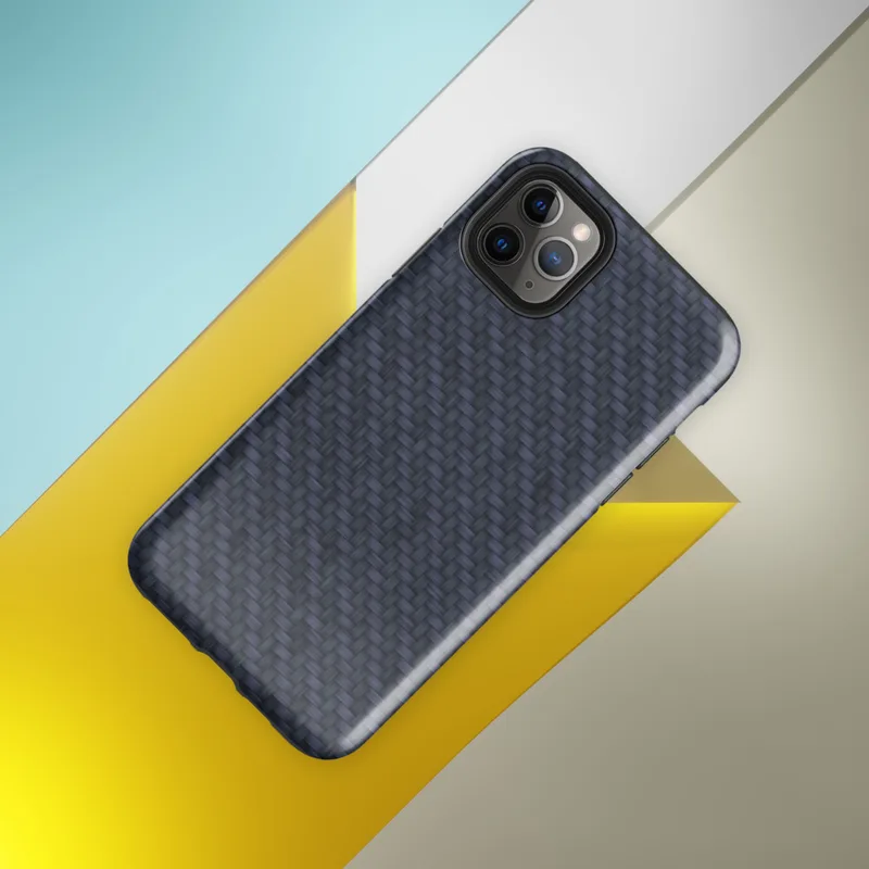 diagonal twill carbon fiber weave in deep navy blue and dark slate with alternating light-catching bands on Glossy Midnight Carbon Fiber Shield Tough Case for iPhone - default view