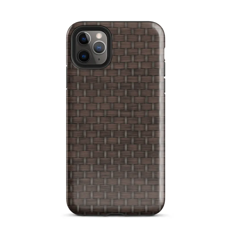 close-up realistic dark brown woven wicker basket weave pattern with interlaced strands and subtle light shading on Glossy Dark Woven Wicker Texture Tough Case for iPhone - default view