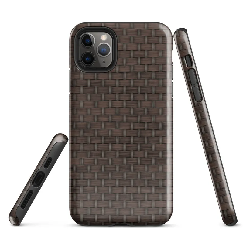 close-up realistic dark brown woven wicker basket weave pattern with interlaced strands and subtle light shading on Glossy Dark Woven Wicker Texture Tough Case for iPhone - default view