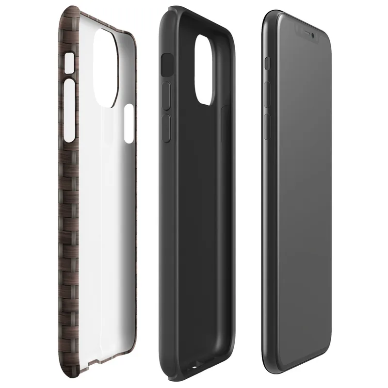 close-up realistic dark brown woven wicker basket weave pattern with interlaced strands and subtle light shading on Glossy Dark Woven Wicker Texture Tough Case for iPhone - default view