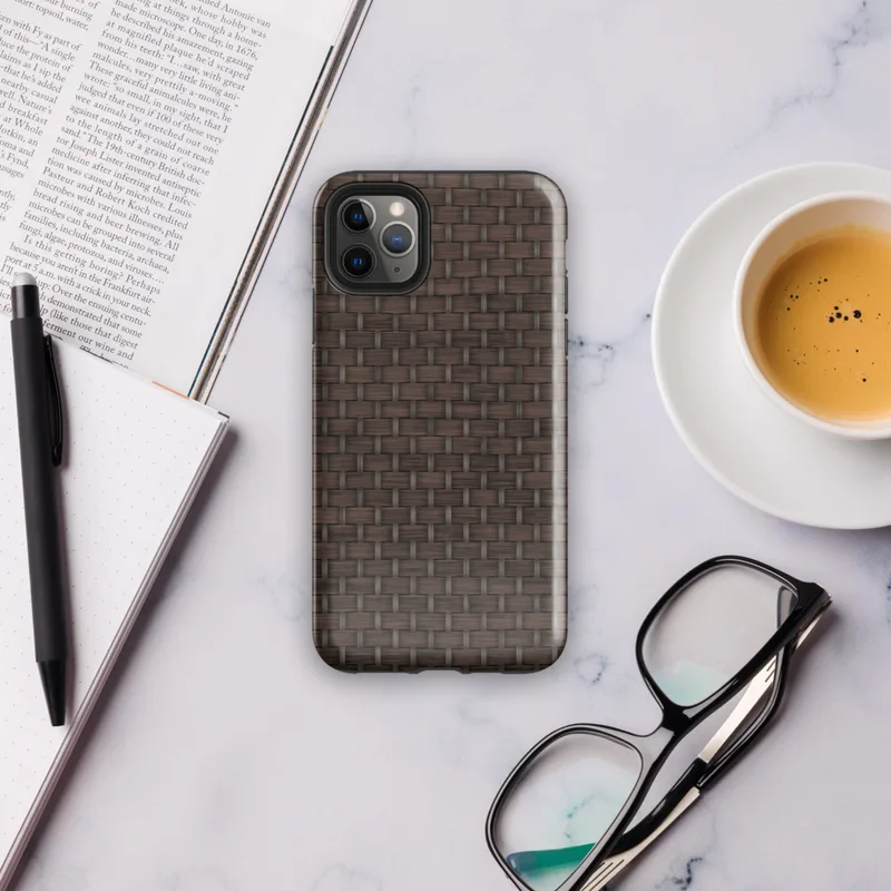 close-up realistic dark brown woven wicker basket weave pattern with interlaced strands and subtle light shading on Glossy Dark Woven Wicker Texture Tough Case for iPhone - default view