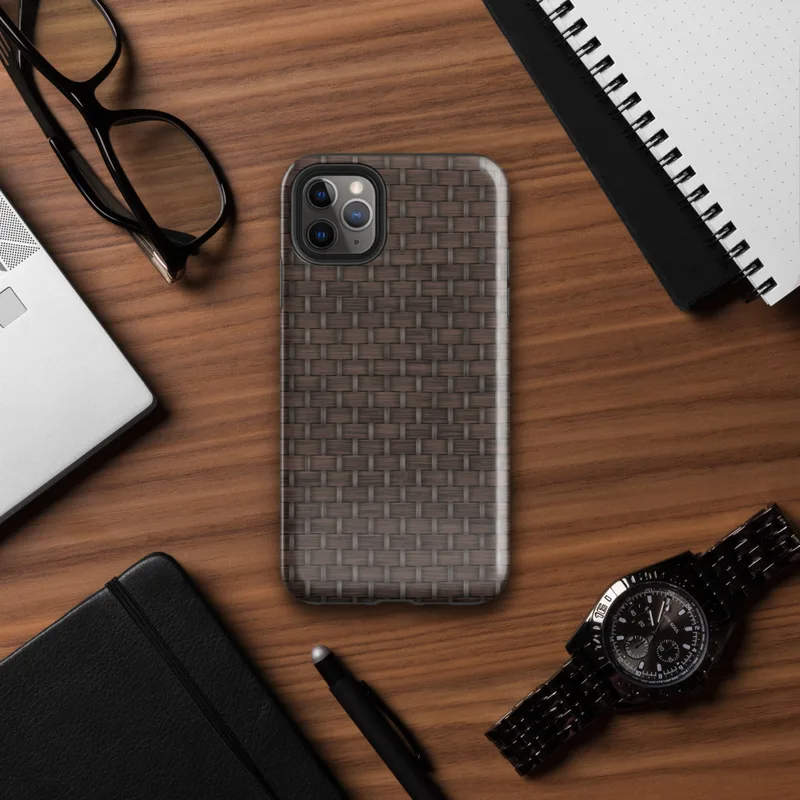 close-up realistic dark brown woven wicker basket weave pattern with interlaced strands and subtle light shading on Glossy Dark Woven Wicker Texture Tough Case for iPhone - default view