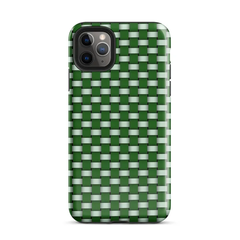 repeating woven basket weave grid in deep forest green and soft mint white creating a three-dimensional optical illusion effect on Glossy Green Woven Grid Illusion Tough Case for iPhone - default view