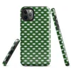 repeating woven basket weave grid in deep forest green and soft mint white creating a three-dimensional optical illusion effect on Glossy Green Woven Grid Illusion Tough Case for iPhone - default view