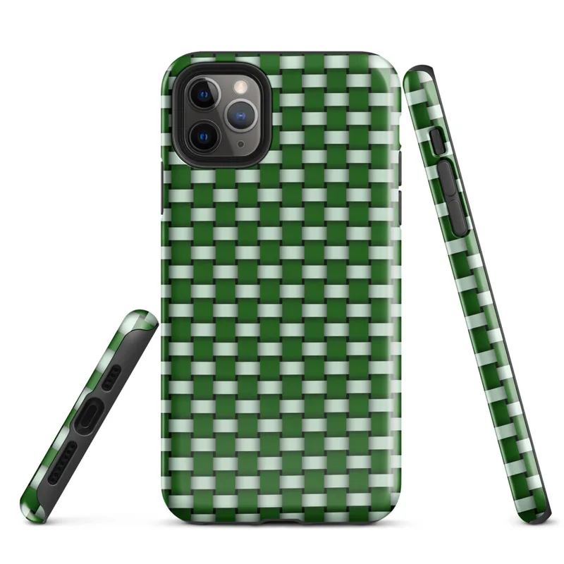 repeating woven basket weave grid in deep forest green and soft mint white creating a three-dimensional optical illusion effect on Glossy Green Woven Grid Illusion Tough Case for iPhone - default view