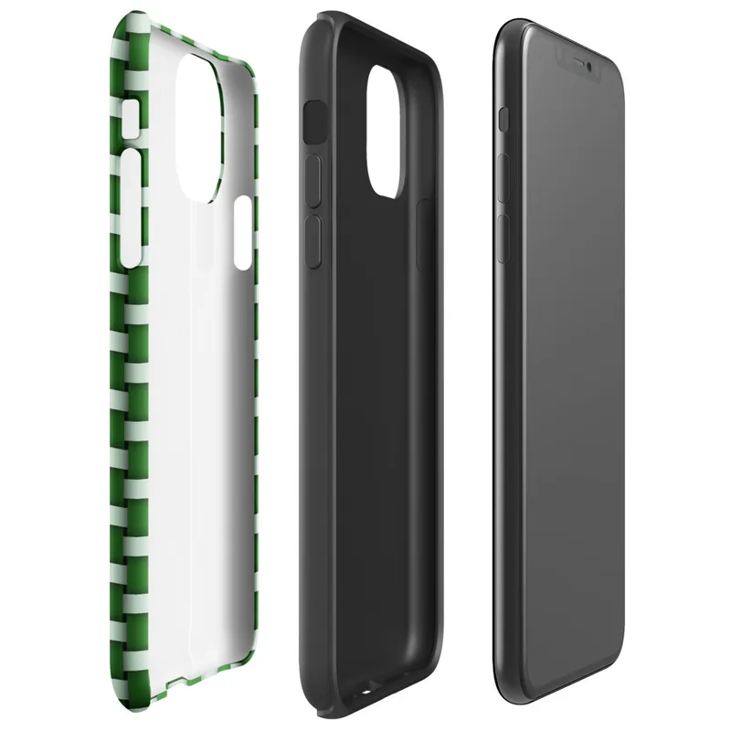 repeating woven basket weave grid in deep forest green and soft mint white creating a three-dimensional optical illusion effect on Glossy Green Woven Grid Illusion Tough Case for iPhone - default view