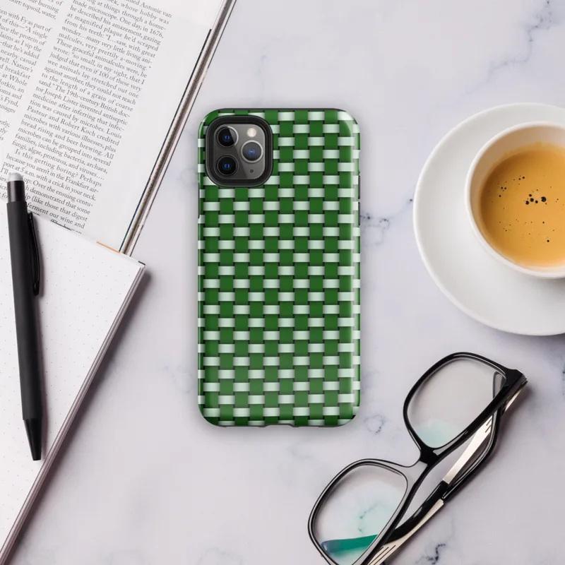 repeating woven basket weave grid in deep forest green and soft mint white creating a three-dimensional optical illusion effect on Glossy Green Woven Grid Illusion Tough Case for iPhone - default view