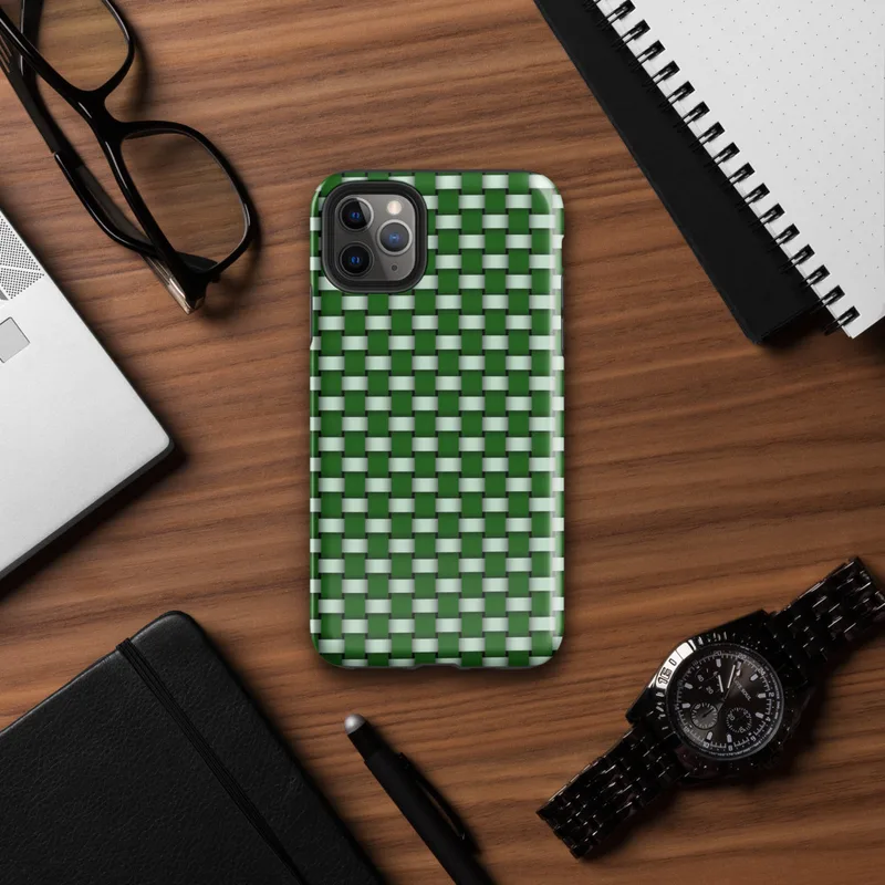 repeating woven basket weave grid in deep forest green and soft mint white creating a three-dimensional optical illusion effect on Glossy Green Woven Grid Illusion Tough Case for iPhone - default view