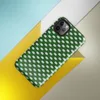 repeating woven basket weave grid in deep forest green and soft mint white creating a three-dimensional optical illusion effect on Glossy Green Woven Grid Illusion Tough Case for iPhone - default view