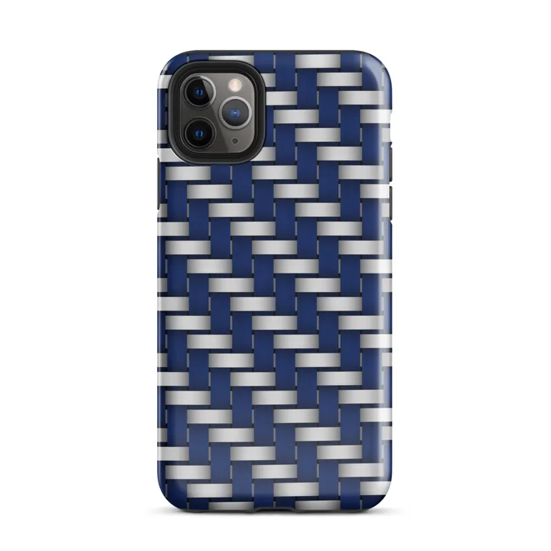 interlocking woven pattern of deep navy blue and brushed silver strips creating a basket weave texture with dimensional shading on Glossy Steel Weave Navy Armor Tough Case for iPhone - default view