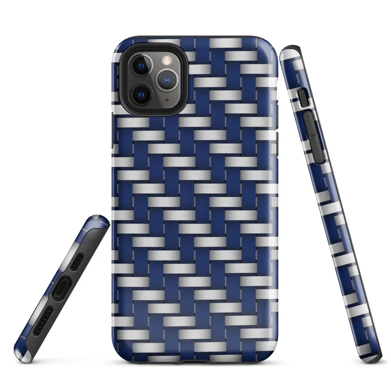 interlocking woven pattern of deep navy blue and brushed silver strips creating a basket weave texture with dimensional shading on Glossy Steel Weave Navy Armor Tough Case for iPhone - default view