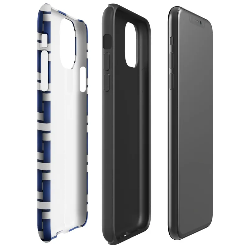 interlocking woven pattern of deep navy blue and brushed silver strips creating a basket weave texture with dimensional shading on Glossy Steel Weave Navy Armor Tough Case for iPhone - default view
