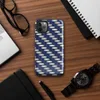 interlocking woven pattern of deep navy blue and brushed silver strips creating a basket weave texture with dimensional shading on Glossy Steel Weave Navy Armor Tough Case for iPhone - default view