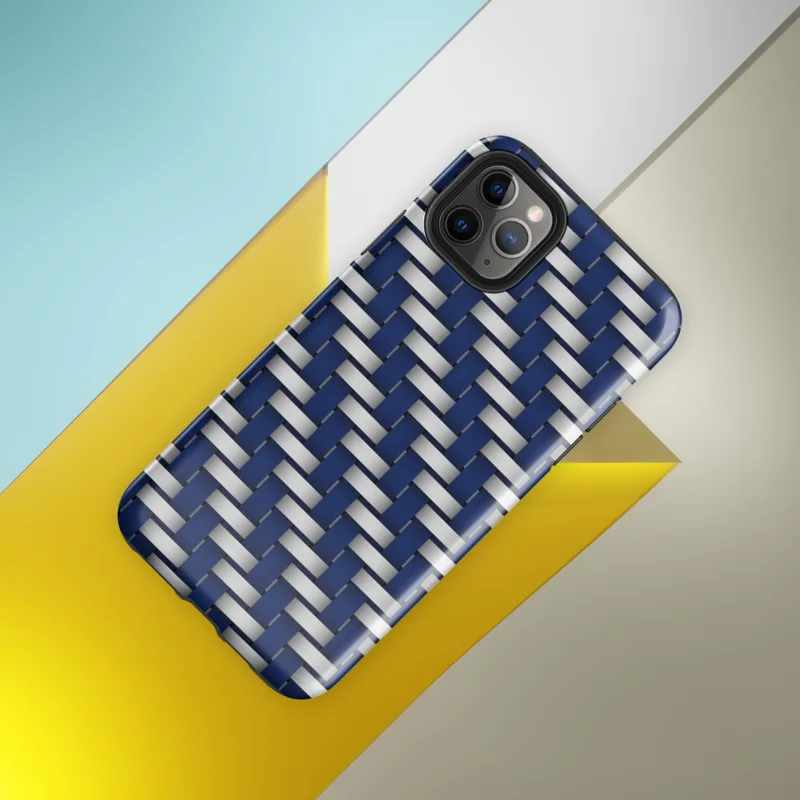 interlocking woven pattern of deep navy blue and brushed silver strips creating a basket weave texture with dimensional shading on Glossy Steel Weave Navy Armor Tough Case for iPhone - default view
