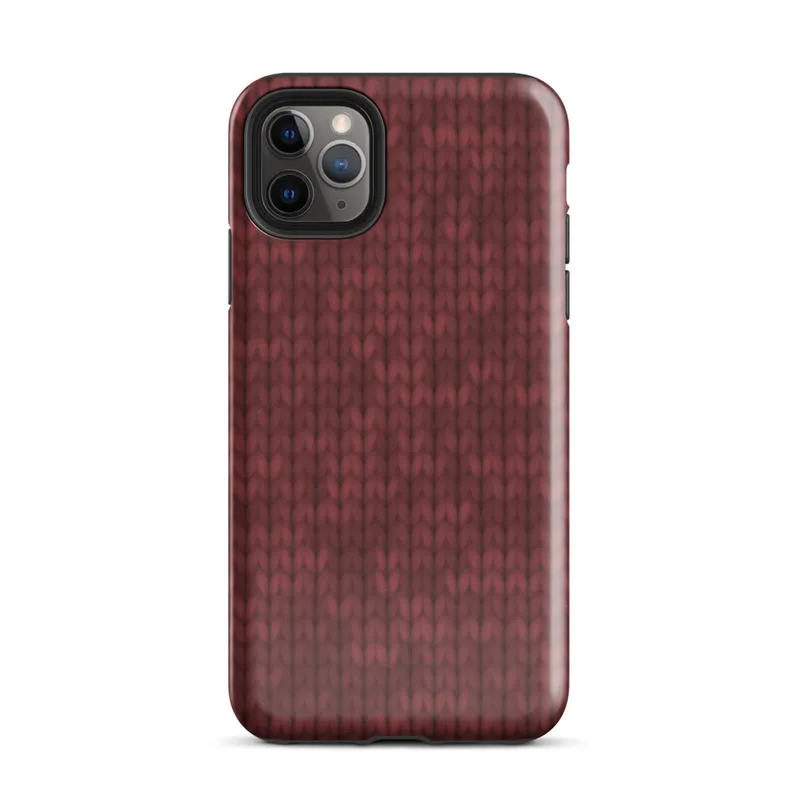 close-up chunky knit sweater texture in deep crimson red with subtle tonal variation and interlocking stitch rows on Glossy Crimson Knit Texture Tough Case for iPhone - default view