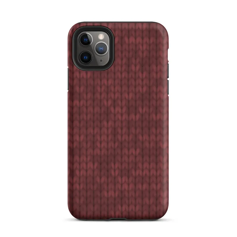 close-up chunky knit sweater texture in deep crimson red with subtle tonal variation and interlocking stitch rows on Matte Crimson Knit Texture Tough Case for iPhone - default view