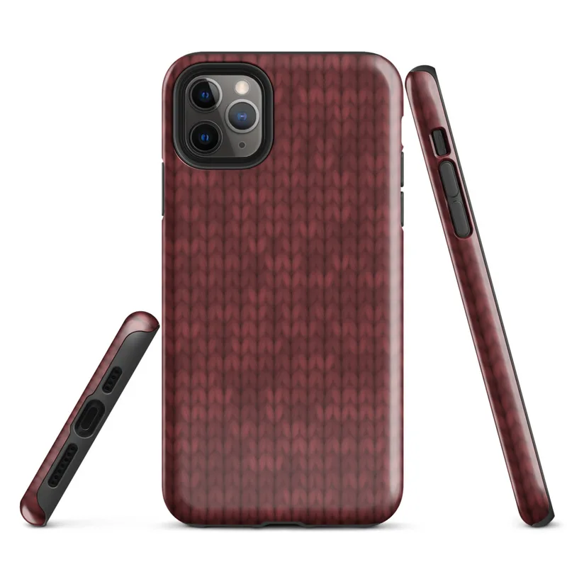 close-up chunky knit sweater texture in deep crimson red with subtle tonal variation and interlocking stitch rows on Glossy Crimson Knit Texture Tough Case for iPhone - default view