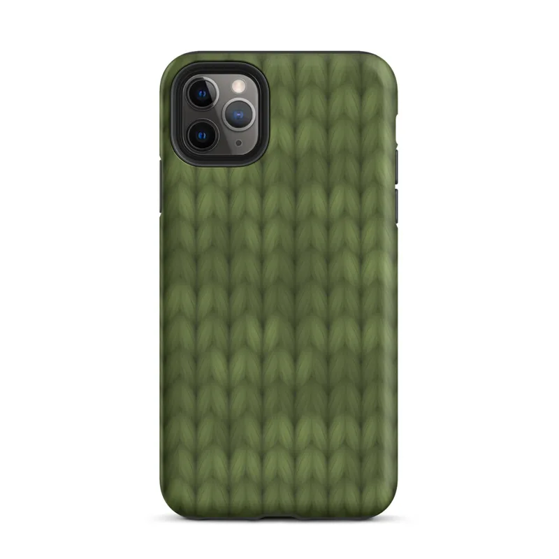 seamless close-up of olive green knitted fabric with repeating V-shaped stitch rows in varied shades of forest green on Matte Forest Green Knit Texture Tough Case for iPhone - default view