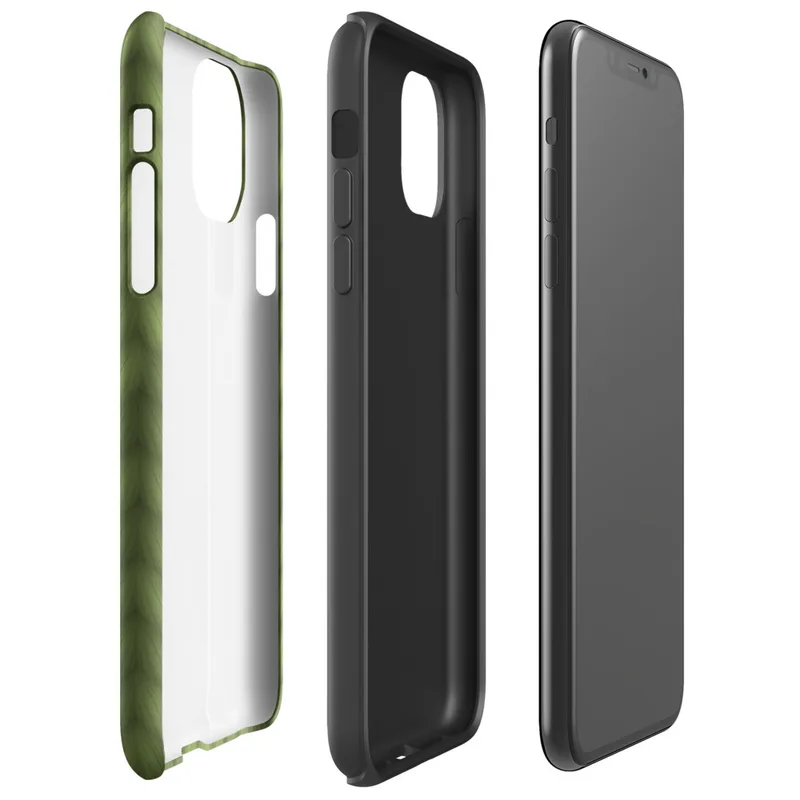seamless close-up of olive green knitted fabric with repeating V-shaped stitch rows in varied shades of forest green on Glossy Forest Green Knit Texture Tough Case for iPhone - default view
