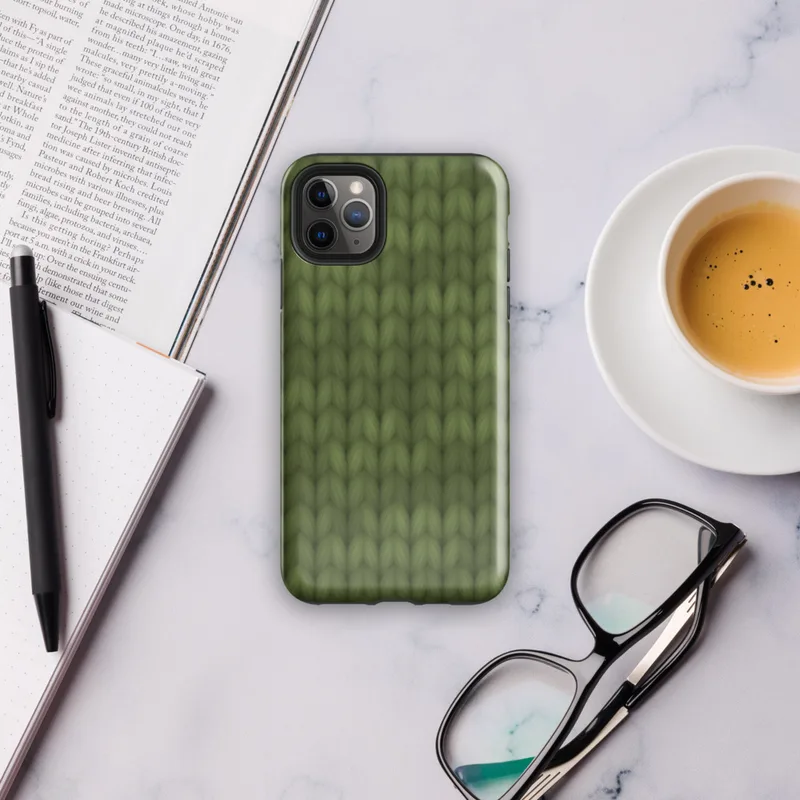seamless close-up of olive green knitted fabric with repeating V-shaped stitch rows in varied shades of forest green on Glossy Forest Green Knit Texture Tough Case for iPhone - default view