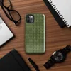 seamless close-up of olive green knitted fabric with repeating V-shaped stitch rows in varied shades of forest green on Glossy Forest Green Knit Texture Tough Case for iPhone - default view