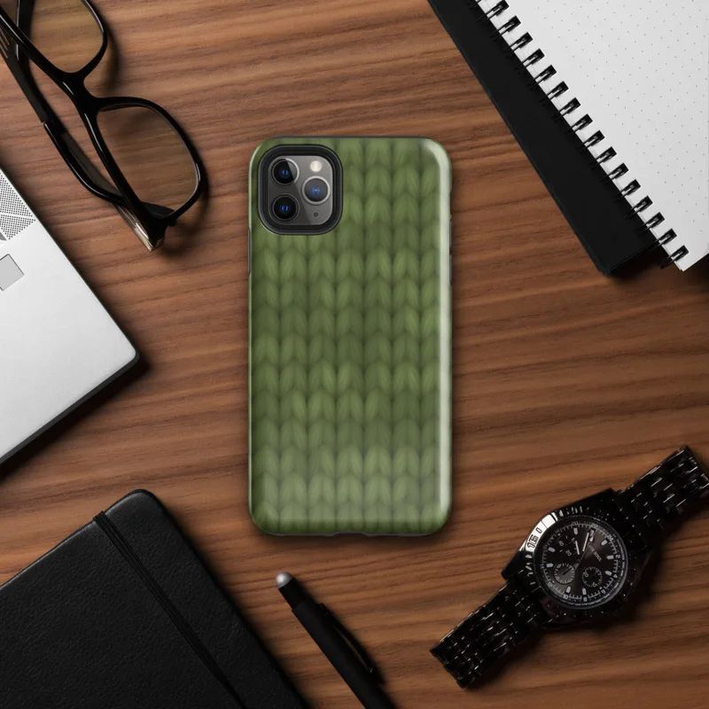 seamless close-up of olive green knitted fabric with repeating V-shaped stitch rows in varied shades of forest green on Glossy Forest Green Knit Texture Tough Case for iPhone - default view