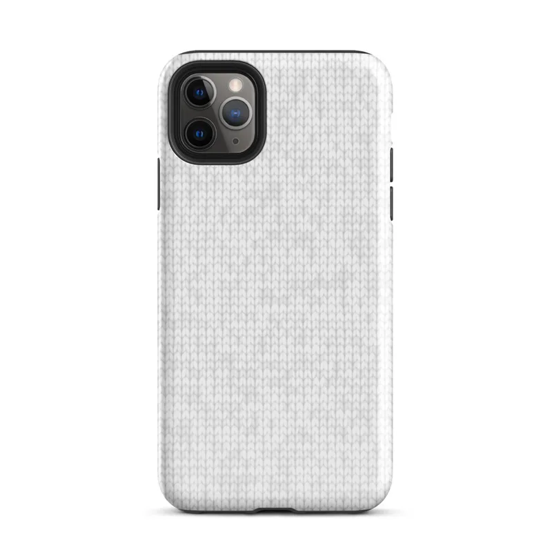 seamless white knit fabric texture with softly repeating tonal snowflake motifs in a light grey on white palette on Glossy Winter White Knit Texture Tough Case for iPhone - default view