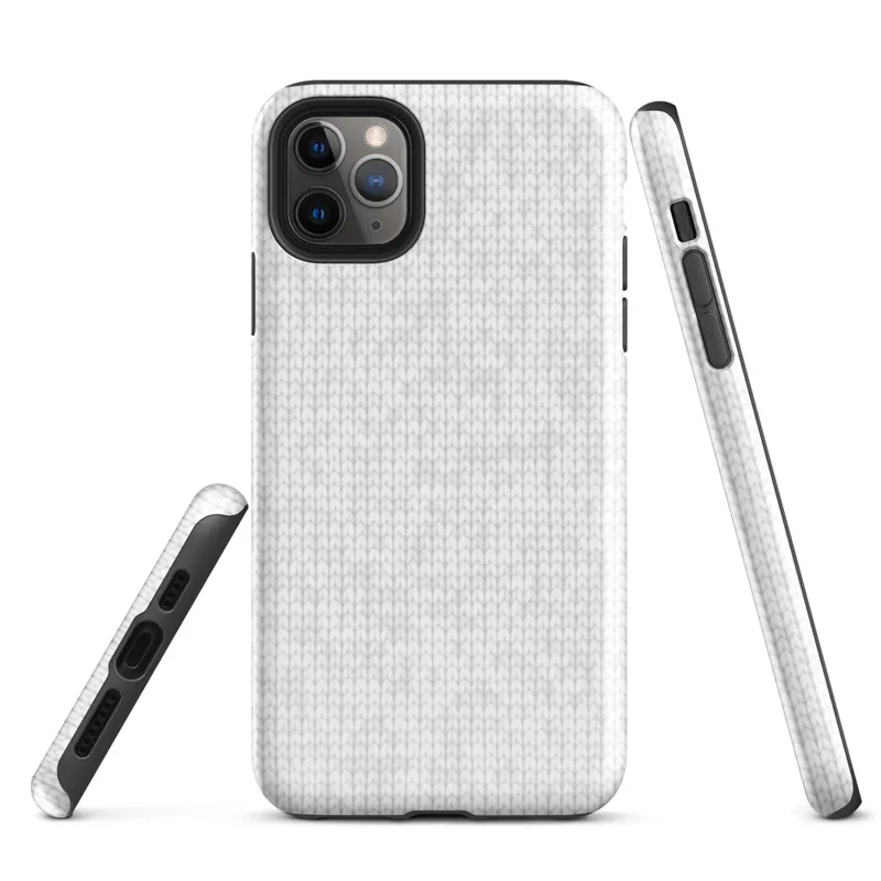seamless white knit fabric texture with softly repeating tonal snowflake motifs in a light grey on white palette on Glossy Winter White Knit Texture Tough Case for iPhone - default view