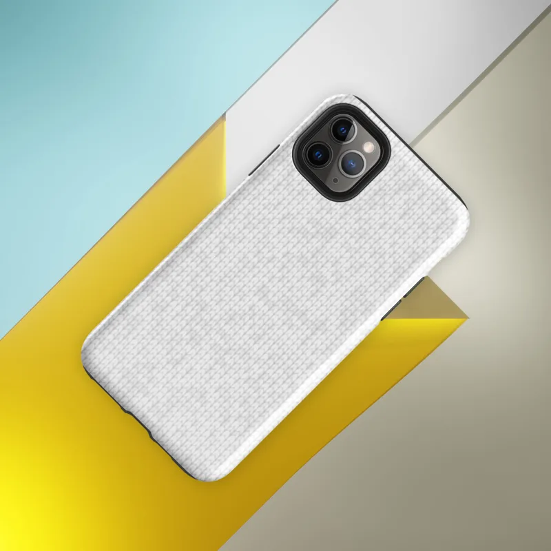 seamless white knit fabric texture with softly repeating tonal snowflake motifs in a light grey on white palette on Glossy Winter White Knit Texture Tough Case for iPhone - default view