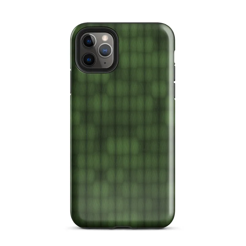 deep forest green grid of rounded cells with shadowed figure shapes emerging subtly from the repeating textile-like pattern on Glossy Shadow Grid Green Texture Tough Case for iPhone - default view
