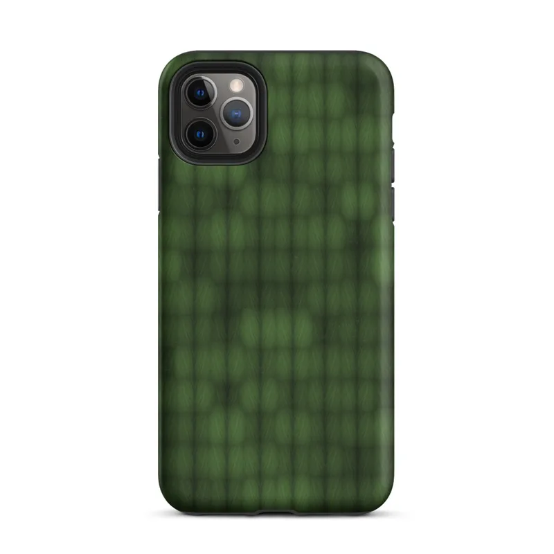 deep forest green grid of rounded cells with shadowed figure shapes emerging subtly from the repeating textile-like pattern on Matte Shadow Grid Green Texture Tough Case for iPhone - default view