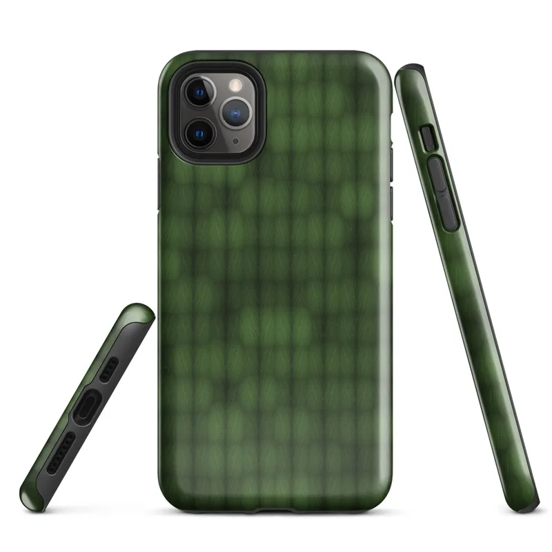 deep forest green grid of rounded cells with shadowed figure shapes emerging subtly from the repeating textile-like pattern on Glossy Shadow Grid Green Texture Tough Case for iPhone - default view