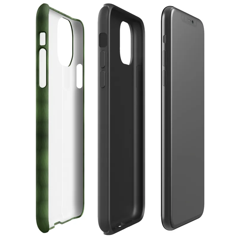 deep forest green grid of rounded cells with shadowed figure shapes emerging subtly from the repeating textile-like pattern on Glossy Shadow Grid Green Texture Tough Case for iPhone - default view
