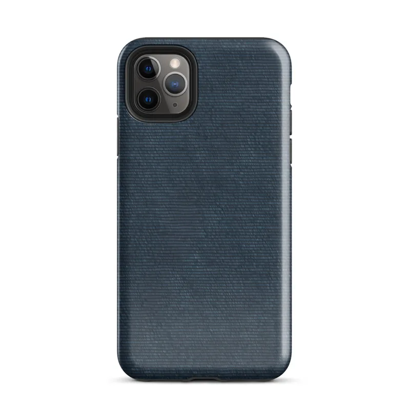 seamless horizontal woven fabric texture in deep navy and slate indigo tones with subtle tonal variation on Glossy Deep Navy Textile Tough Case for iPhone - default view