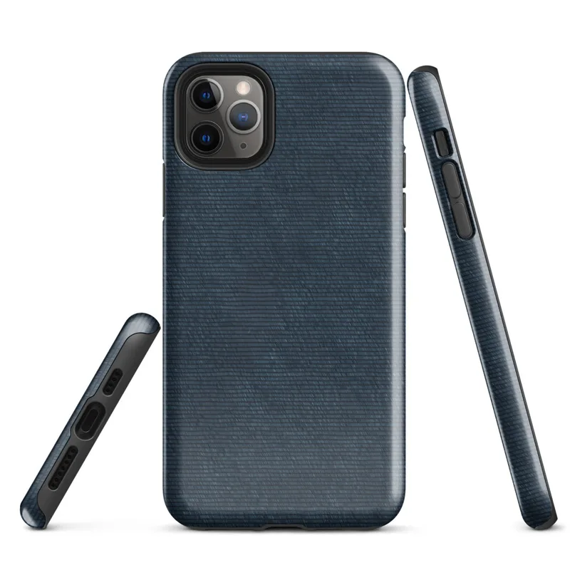 seamless horizontal woven fabric texture in deep navy and slate indigo tones with subtle tonal variation on Glossy Deep Navy Textile Tough Case for iPhone - default view